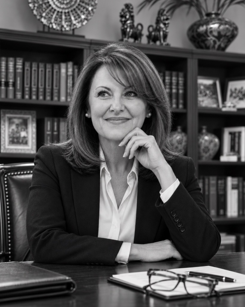 Helen Popich Harris seated at her desk in her law office